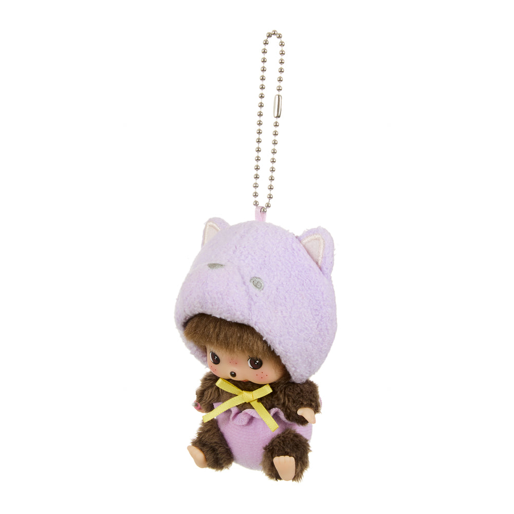あにまるベビチッチ SS顔でかキーチェーン ねこ カバンチャームとしても可愛いモンチッチのぬいぐるみキーホルダーが斜め横にうつっている白抜き画像