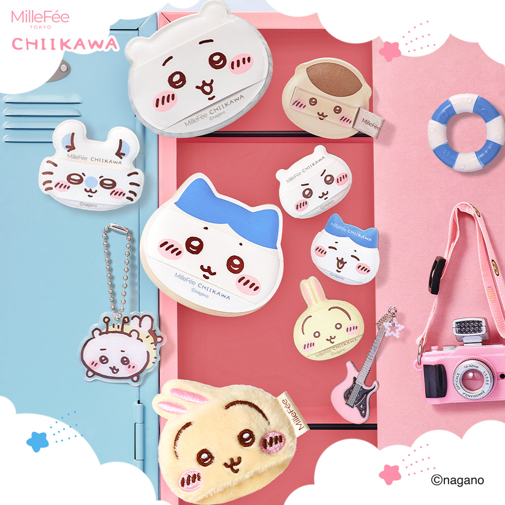 かわいくてサイズも様々で使いやすい人気のちいかわとのコラボパフセットでパフケース付きで持ち運びやすいセット商品が写っているメイン画像